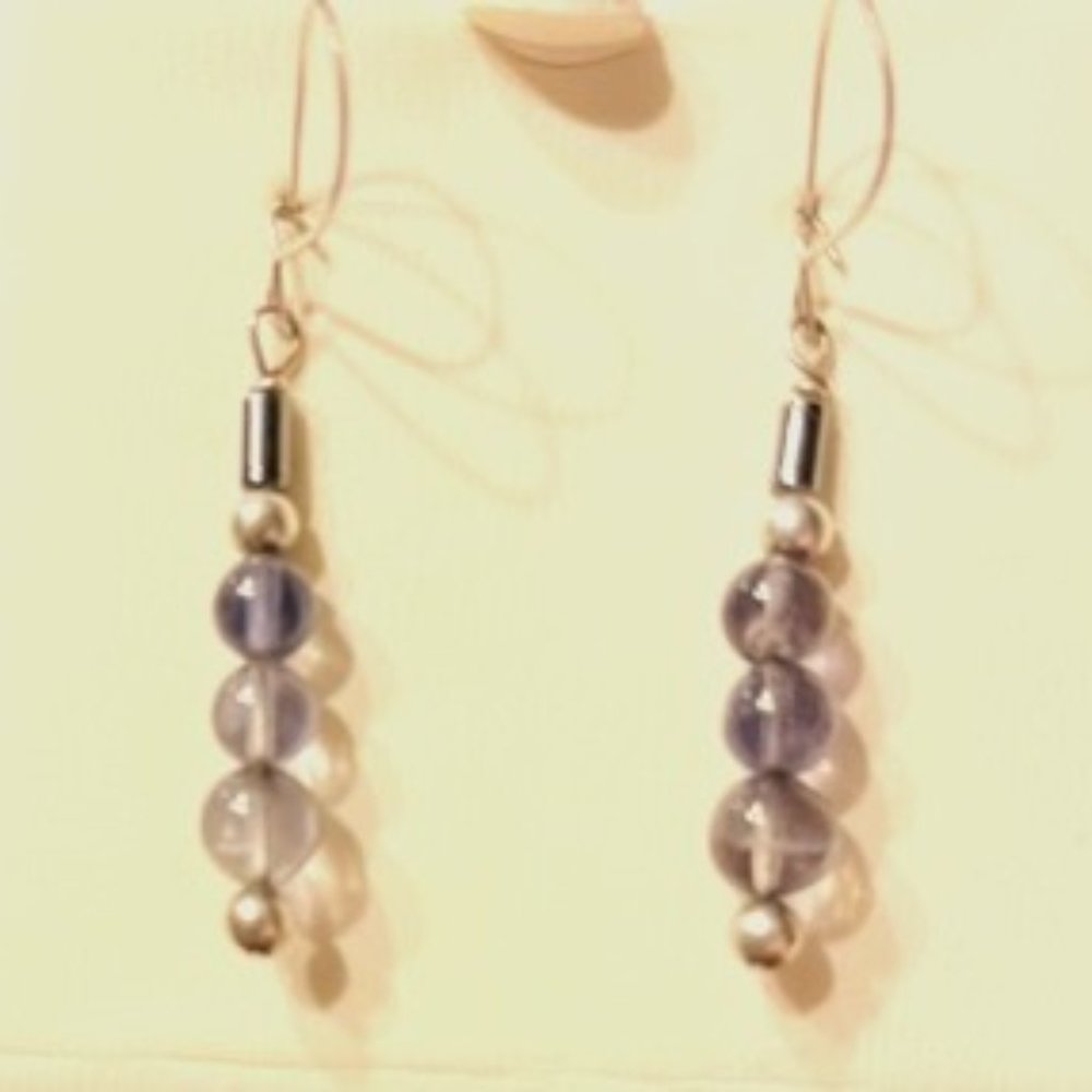 Purple beaded silver hanging earrings